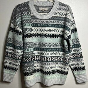 LOFT Patchwork Fair Isle Sweater Color: Light Cloud Heather Size L